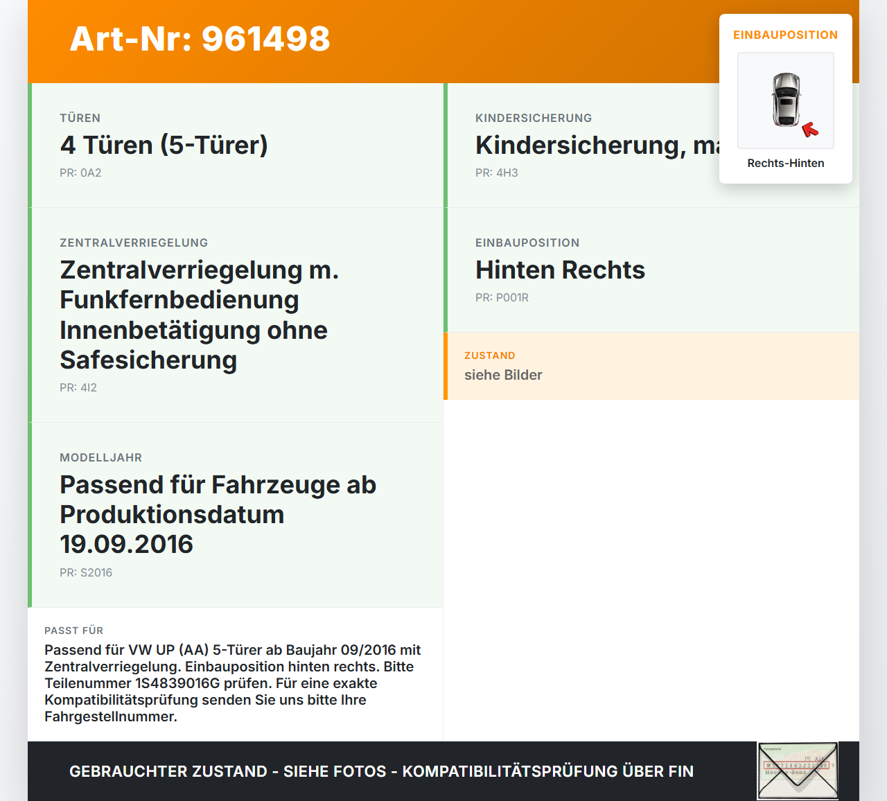 VW UP AA 15-23 5T Türschloss m. ZV Stellmotor Rechts Hinten VW UP AA 15-23 19.04.2017 1S4839016G gebraucht Vorschau 3