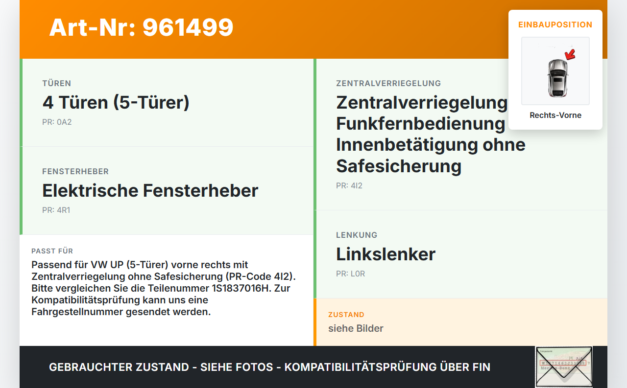 VW UP AA 15-23 5T Türschloss m. ZV Stellmotor Rechts Vorne VW UP AA 15-23 19.04.2017 1S1837016H gebraucht Vorschau 3