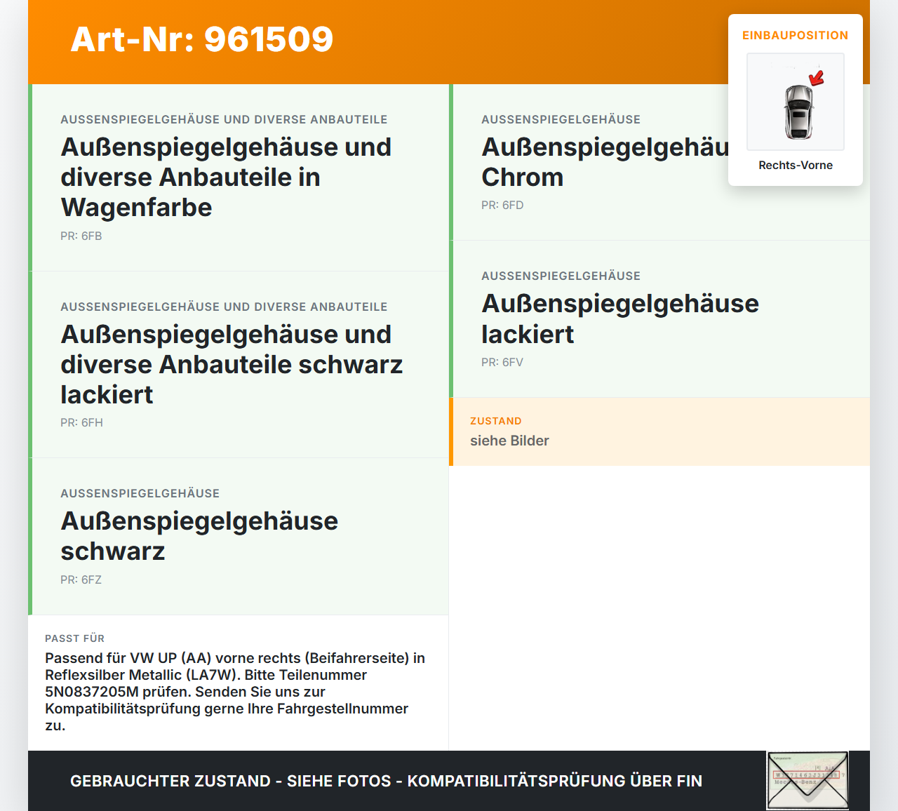 VW UP AA 15-23 5T Türgriff Griff aussen Rechts Vorne LA7W VW UP AA 15-23 19.04.2017 5N0837205M gebraucht Vorschau 3