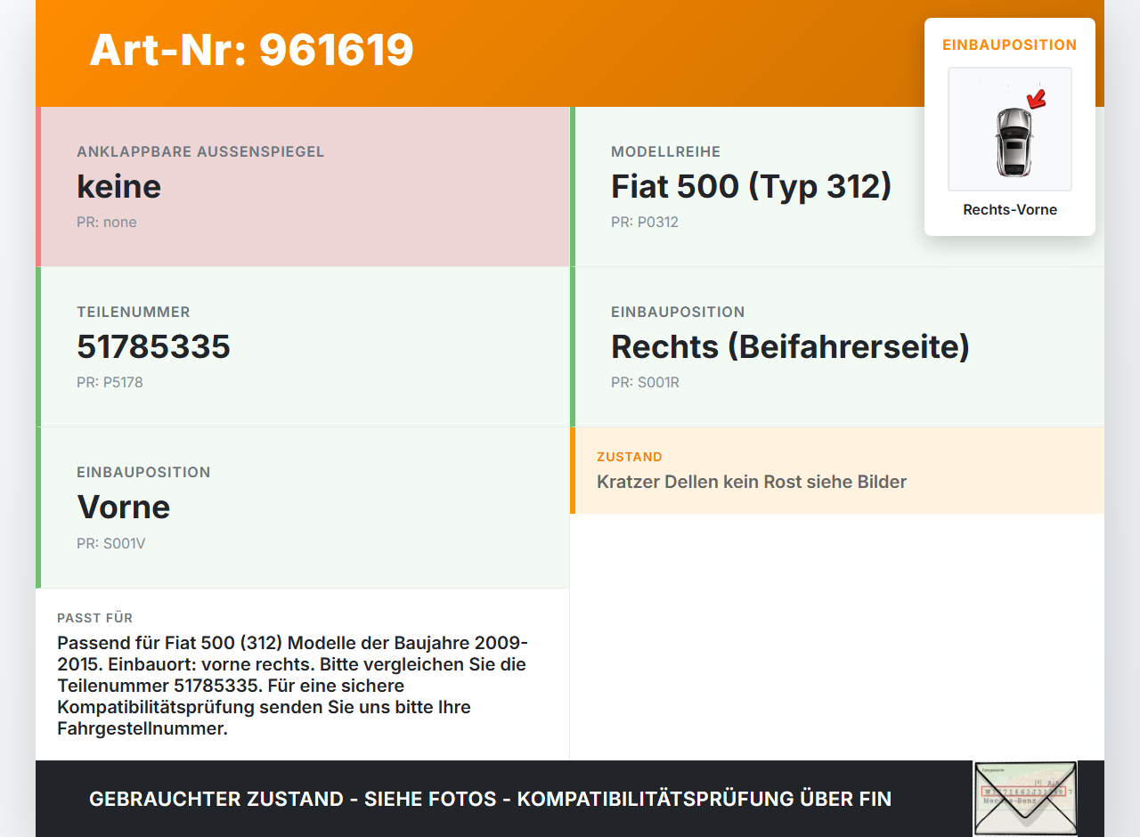 Fiat 500 312 09-15 Kotflügel Rechts Vorne 111 Fiat 500 312 09-15 07.12.2010 51785335 gebraucht Vorschau 3