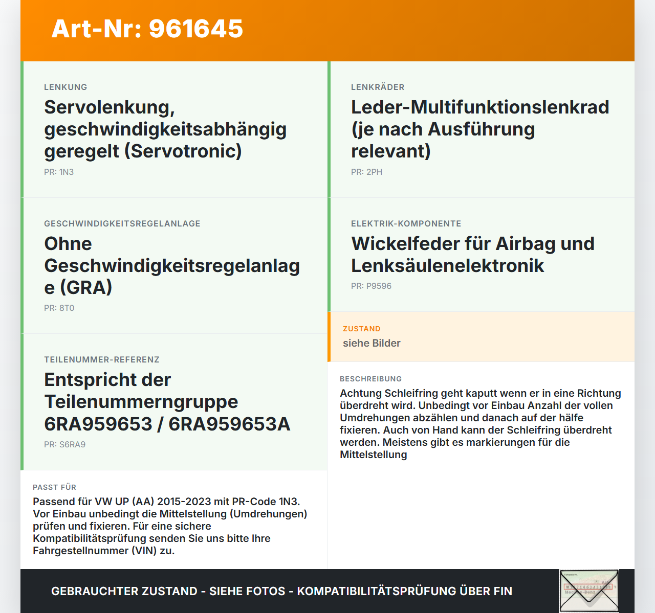 VW UP AA 15-23 Airbag Schleifring Wickelfeder VW UP AA 15-23 19.04.2017 6RA959653 gebraucht Vorschau 3
