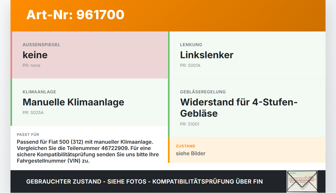 Fiat 500 312 09-15 Widerstand Gebläse Lüfter Fiat 500 312 09-15 07.12.2010 46722909 gebraucht Vorschau 3