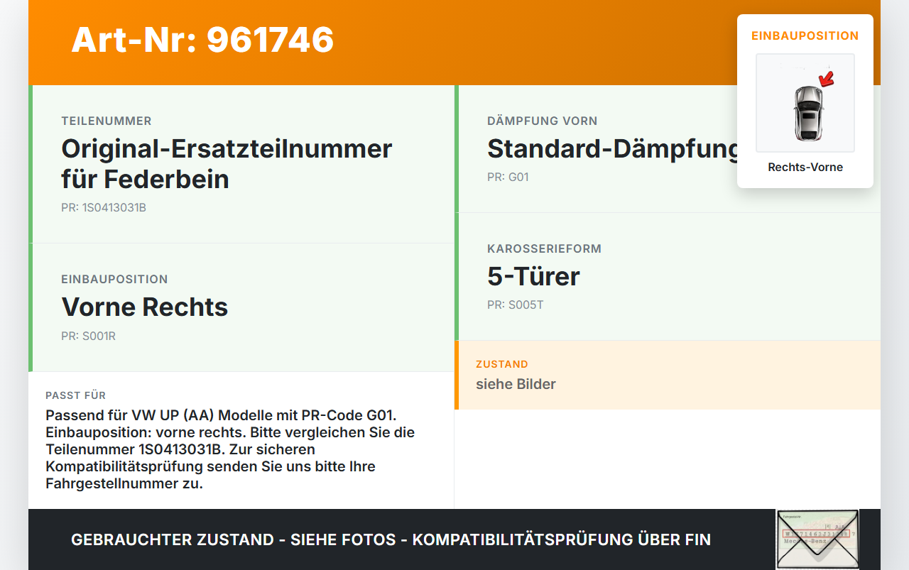 VW UP AA 15-23 5T Stossdämpfer Federbein Vorne Rechts VW UP AA 15-23 19.04.2017 824901002561 1S0413031B gebraucht Vorschau 3