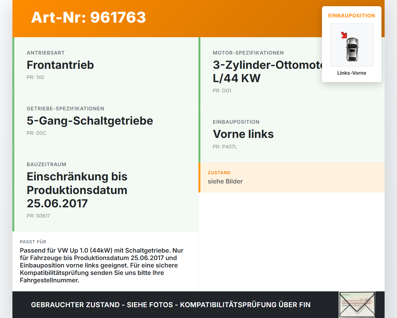 VW UP AA 15-23 1,0 44KW Antriebswelle Gelenkwelle Links Vorne VW UP AA 15-23 19.04.2017 1S0407761D gebraucht Vorschau 3