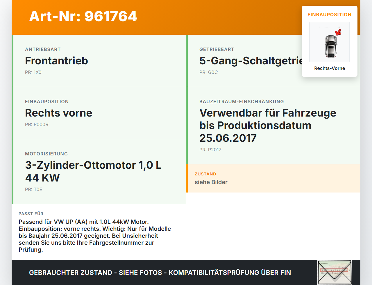 VW UP AA 15-23 1,0 44KW Antriebswelle Gelenkwelle Rechts Vorne VW UP AA 15-23 19.04.2017 1S0407762E gebraucht Vorschau 3