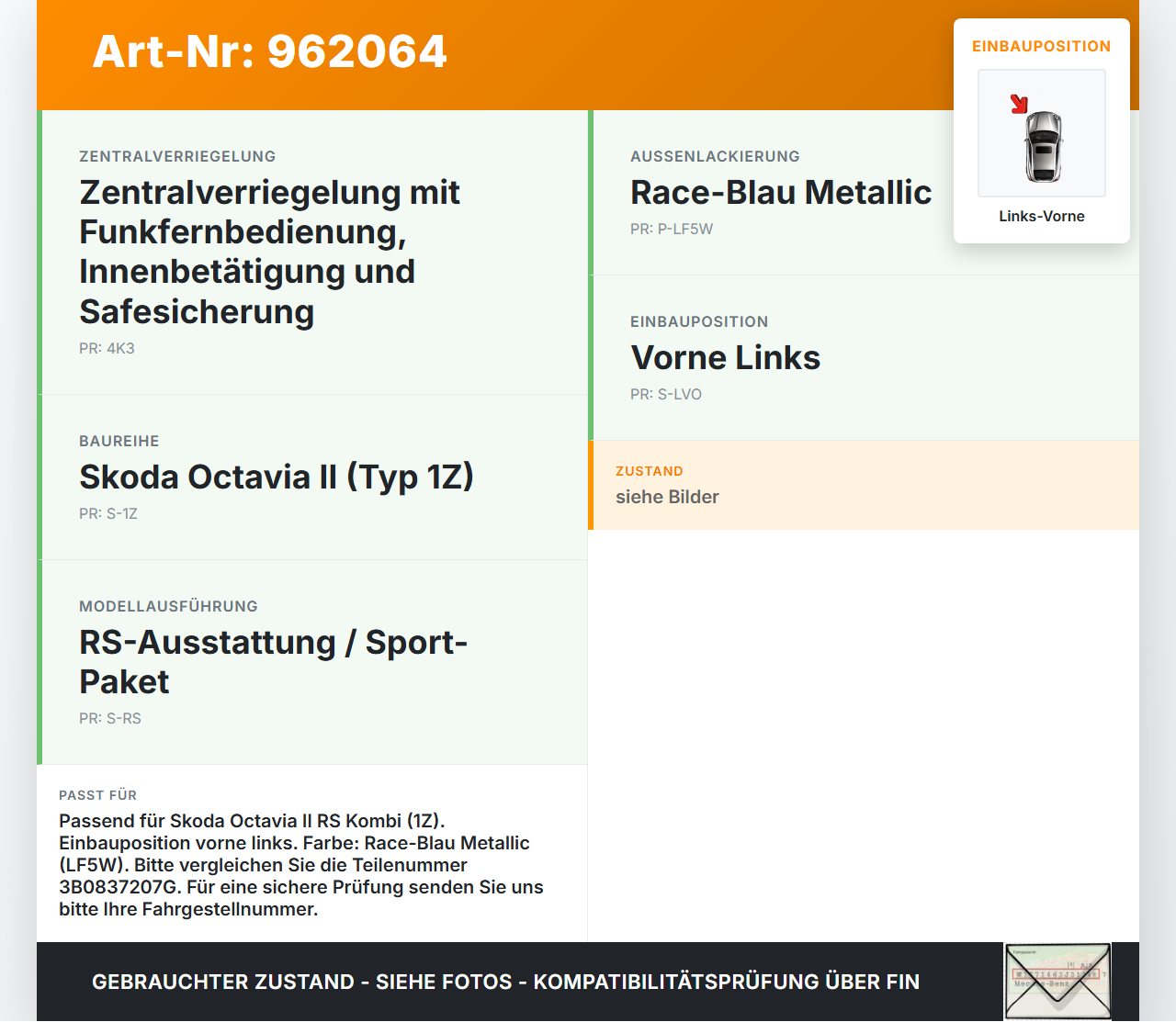 Skoda Octavia II 1Z RS Kombi Türgriff Griff aussen Links Vorne LF5W Skoda Octavia II 1Z RS 30.11.2006 3B0837207G... Vorschau 3