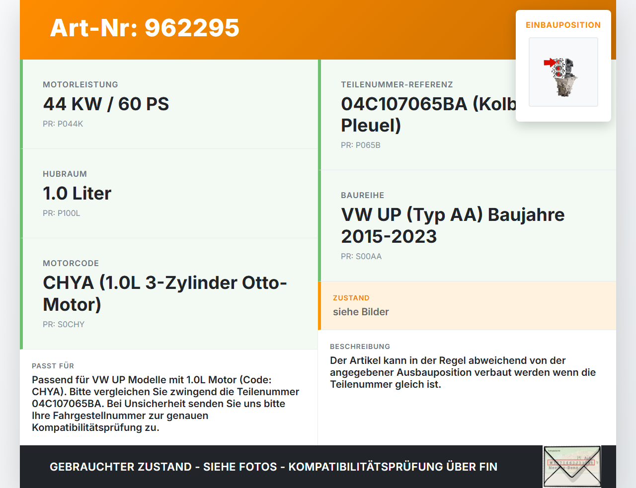 VW UP AA 15-23 1,0 44KW CHYA Kolben mit Pleuel Pos C VW UP AA 15-23 19.04.2017 04C107065BA gebraucht Vorschau 3