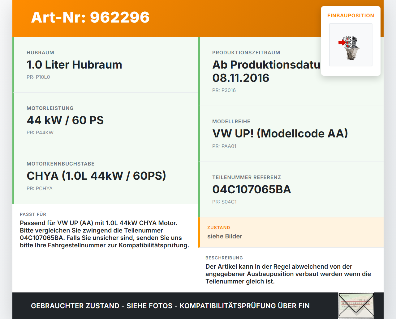 VW UP AA 15-23 1,0 44KW CHYA Kolben mit Pleuel Pos B VW UP AA 15-23 19.04.2017 04C107065BA gebraucht Vorschau 3