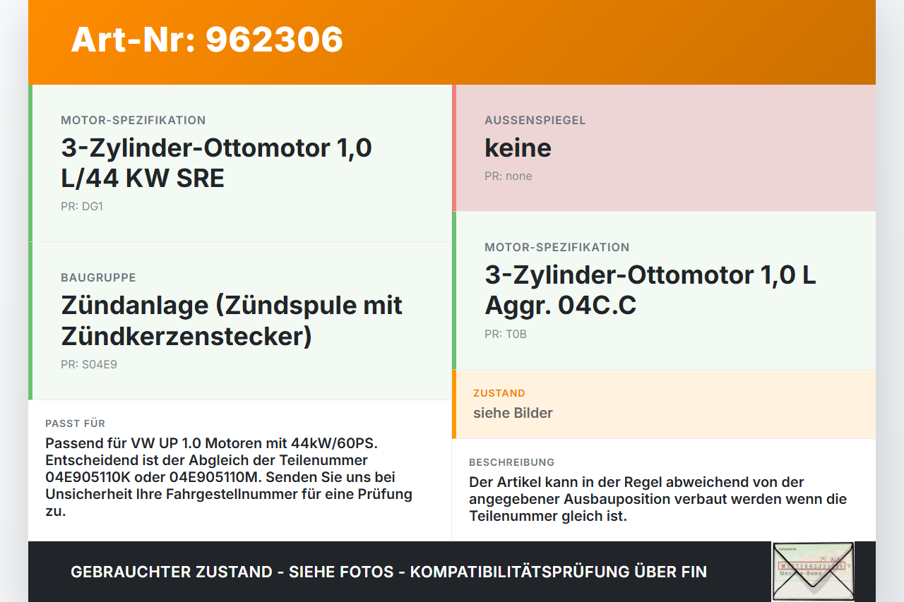 VW UP AA 15-23 1,0 44KW Zündspule Zyl.3 VW UP AA 15-23 19.04.2017 04E905110K 04E905110M 77300012 gebraucht Vorschau 3