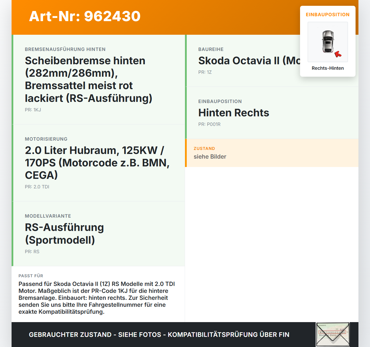 Skoda Octavia II 1Z RS TDI 2,0 125KW Bremssattel Bremszange Hinten Rechts Skoda Octavia II 1Z RS 30.11.2006... Vorschau 3