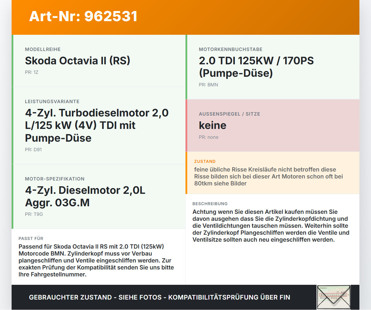 Skoda Octavia II 1Z RS TDI 2,0 125KW BMN Zylinderkopf Skoda Octavia II 1Z RS 30.11.2006 03G103264EX gebraucht Vorschau 3