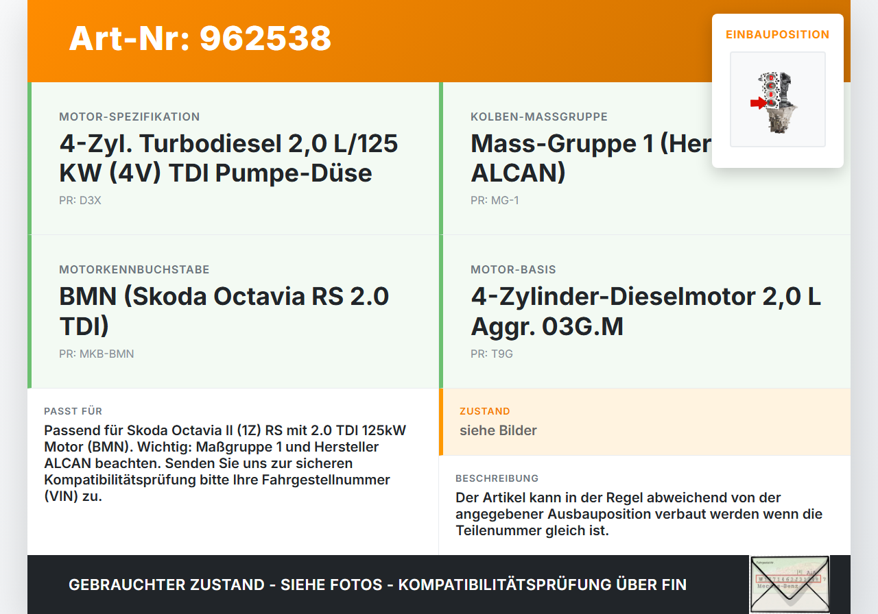 Skoda Octavia II 1Z RS TDI 2,0 125KW BMN Kolben mit Pleuel Pos A Skoda Octavia II 1Z RS 30.11.2006 03G107065J... Vorschau 3