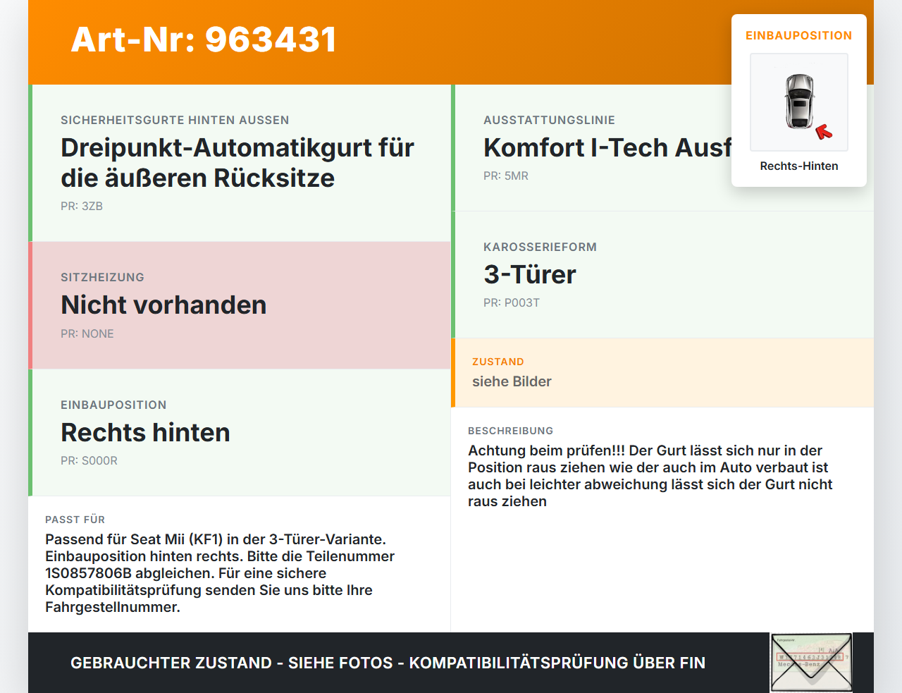 Seat Mii KF1 11-16 3T Gurt Sicherheitsgurt Rechts Hinten Seat Mii KF1 11-16 21.10.2014 1S0857806B 1S0857806BRAA... Vorschau 3