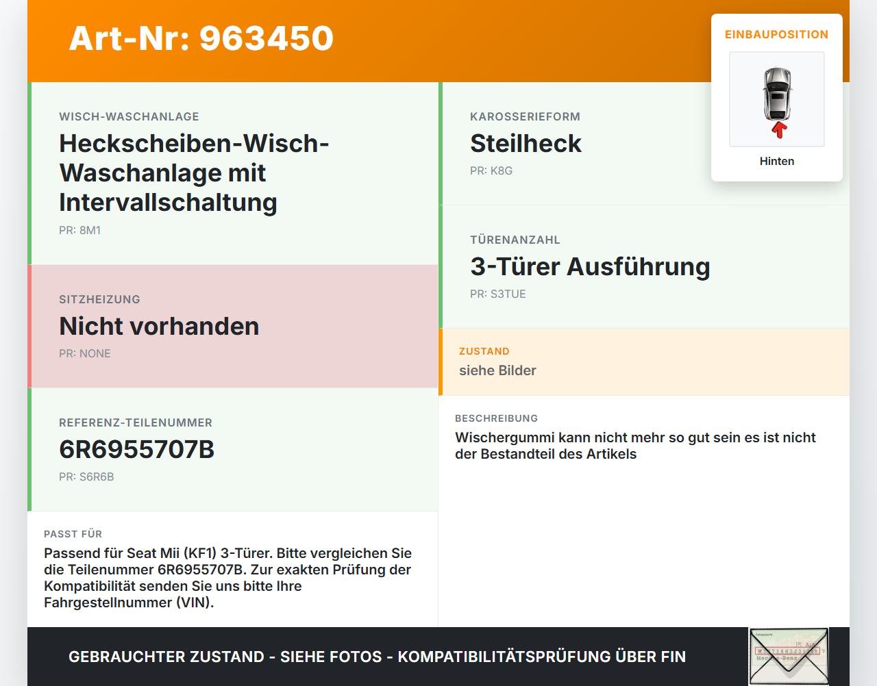 Seat Mii KF1 11-16 3T Heckwischer Scheibenwischer Hinten Wischarm Seat Mii KF1 11-16 21.10.2014 6R6955707B gebraucht Vorschau 3