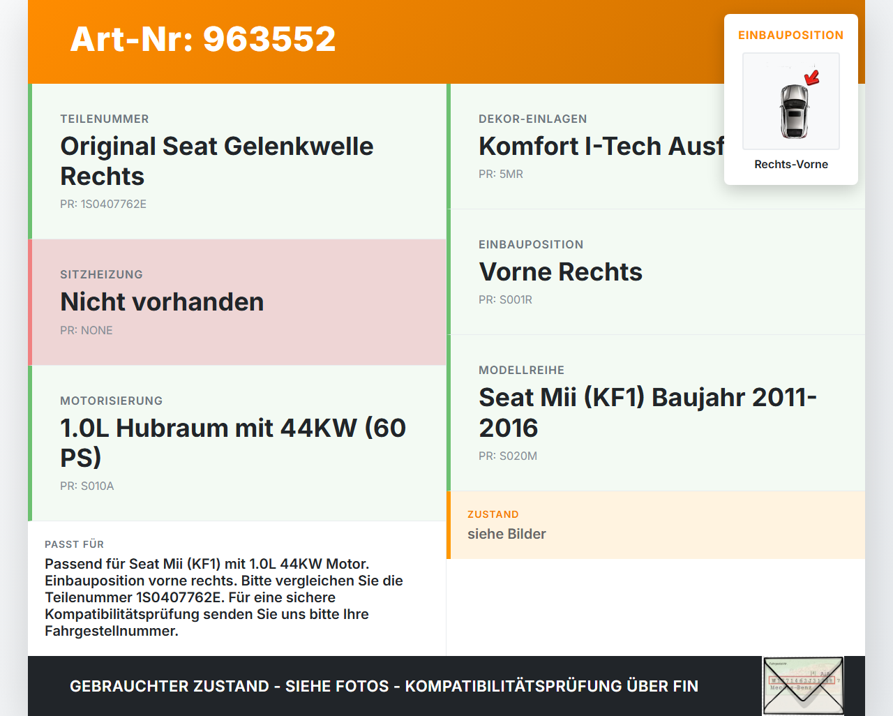 Seat Mii KF1 11-16 1,0 44KW Antriebswelle Gelenkwelle Rechts Vorne Seat Mii KF1 11-16 21.10.2014 1S0407762E... Vorschau 3