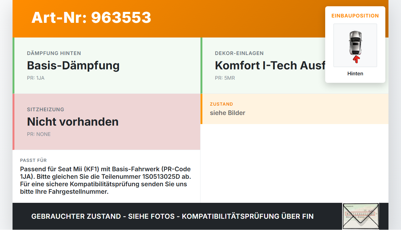 Seat Mii KF1 11-16 3T Stossdämpfer Hinten Seat Mii KF1 11-16 21.10.2014 1S0513025D gebraucht Vorschau 3