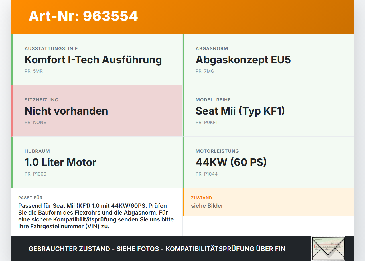Seat Mii KF1 11-16 1,0 44KW Katalysator Kat mit Flexrohr Seat Mii KF1 11-16 21.10.2014 1S0253053BX gebraucht Vorschau 3