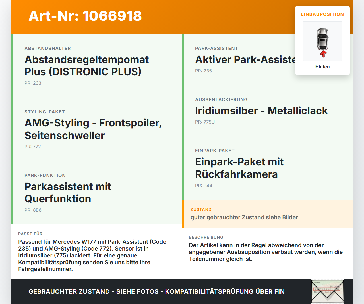 Mercedes W177 A250E 18-22 Abstands Sensor Parksensor PDC Hinten 775 Mercedes W177 A250E 18-22 26.03.2021... Vorschau 3