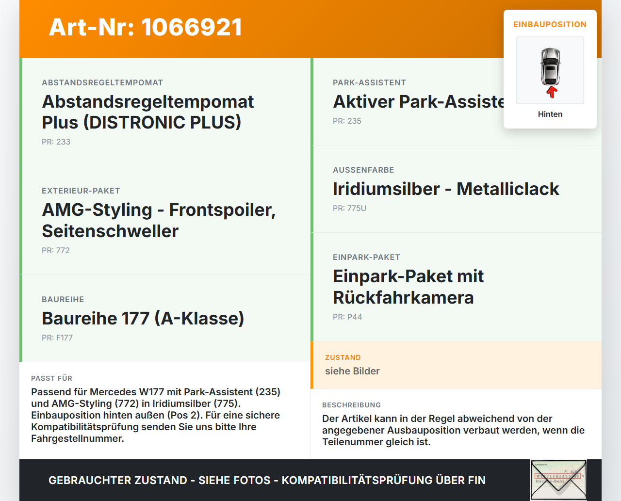 Mercedes W177 A250E 18-22 Abstands Sensor Parksensor PDC Hinten Aussen Pos.2 775 Mercedes W177 A250E 18-22... Vorschau 3