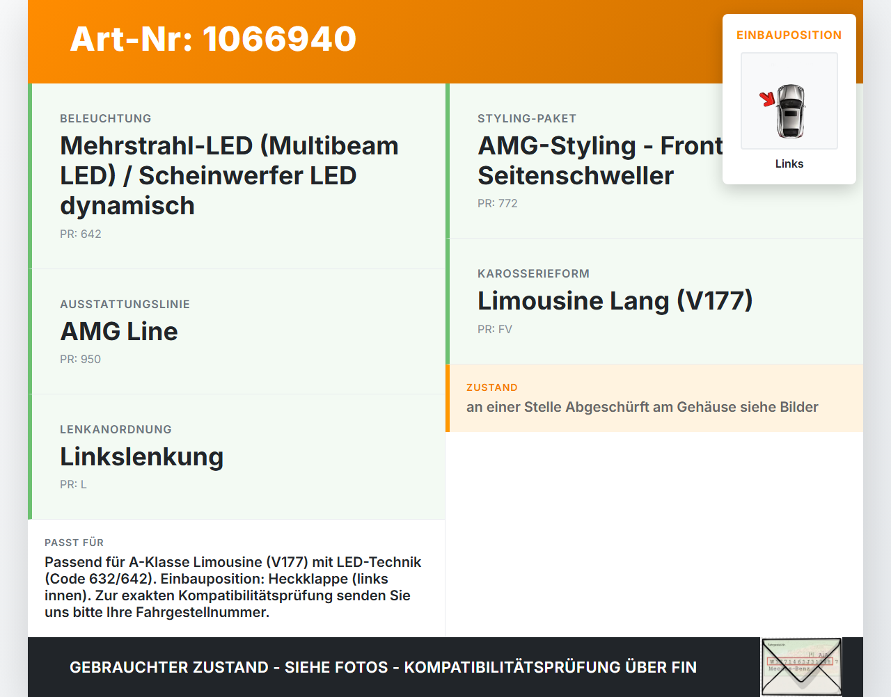Mercedes W177 A250E 18-22 Lim Rückleuchte Rücklicht Heckleuchte Links orig Mercedes W177 A250E 18-22 26.03.2021... Vorschau 3