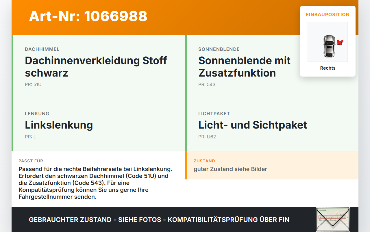 Mercedes W177 A250E 18-22 Sonnenblende Rechts für Beifahrer Mercedes W177 A250E 18-22 26.03.2021 A1778106200... Vorschau 3