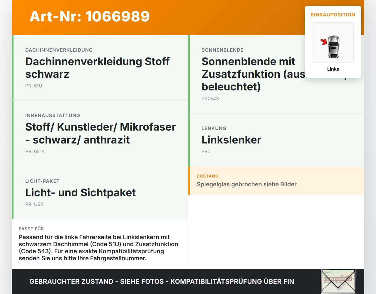 Mercedes W177 A250E 18-22 Sonnenblende Links für Fahrer Mercedes W177 A250E 18-22 26.03.2021 A1778106100 gebraucht Vorschau 3