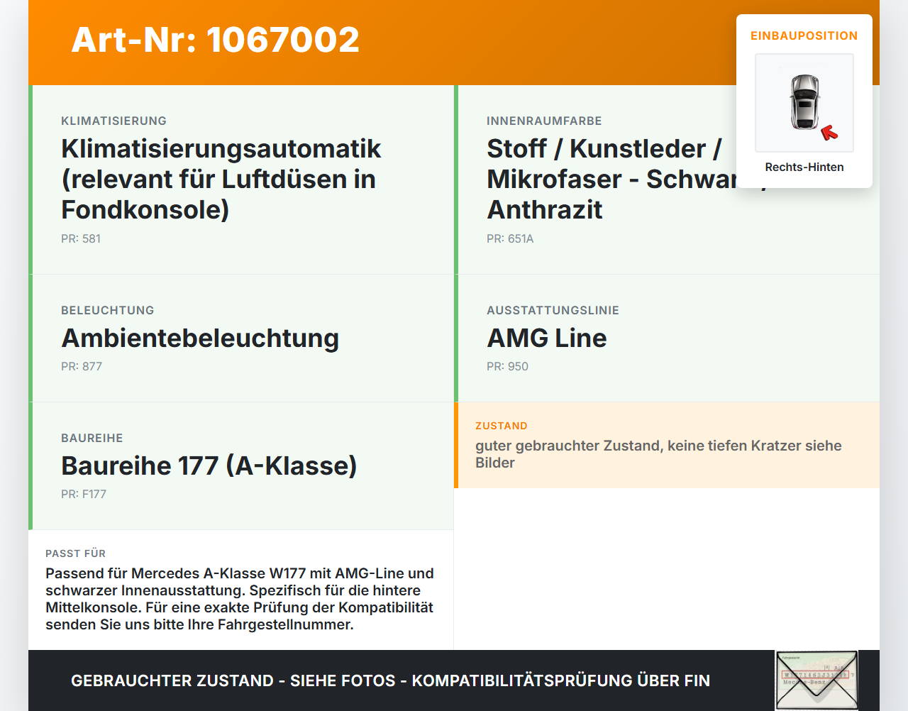 Mercedes W177 A250E 18-22 Blende Innen Einbaurahmen Rechts Hinten Mercedes W177 A250E 18-22 26.03.2021 A1776802006... Vorschau 3