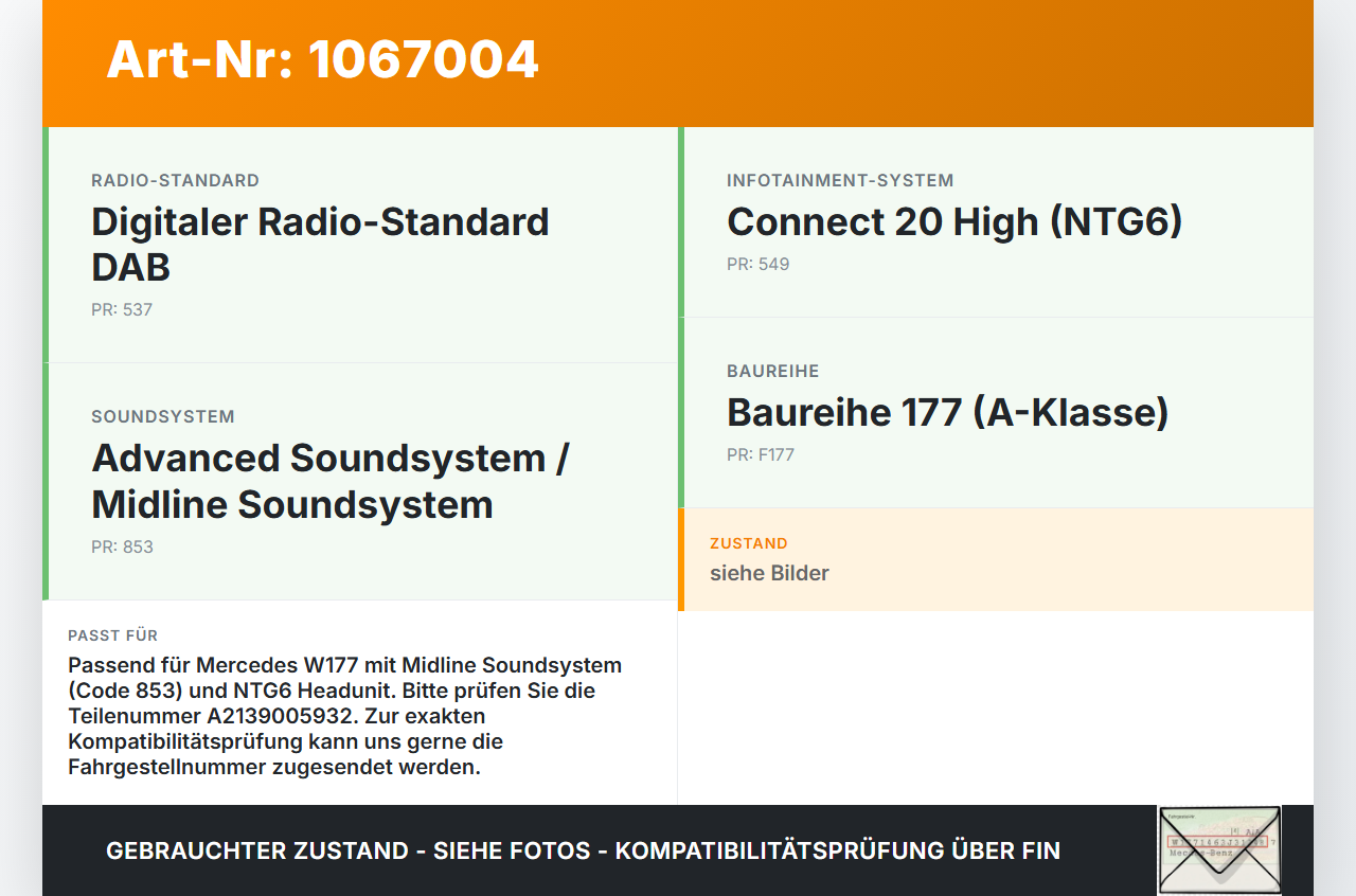 Mercedes W177 A250E 18-22 Verstärker Endstufe für Soundsystem Mercedes W177 A250E 18-22 26.03.2021 A1779050403... Vorschau 3