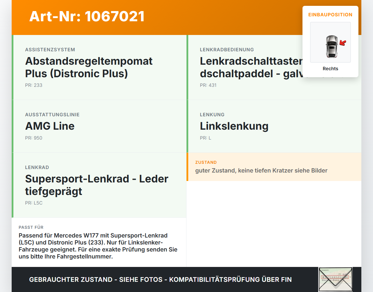 Mercedes W177 A250E 18-22 Lenkradschalter Multifunktionstasten Schalter für Lenkrad Rechts Mercedes W177 A250E... Vorschau 3