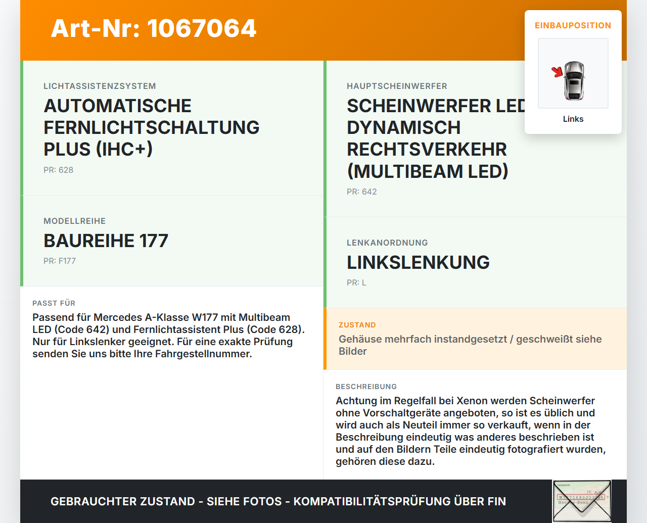 Mercedes W177 A250E 18-22 Scheinwerfer Frontscheinwerfer Links Mercedes W177 A250E 18-22 26.03.2021 A1779061103... Vorschau 3