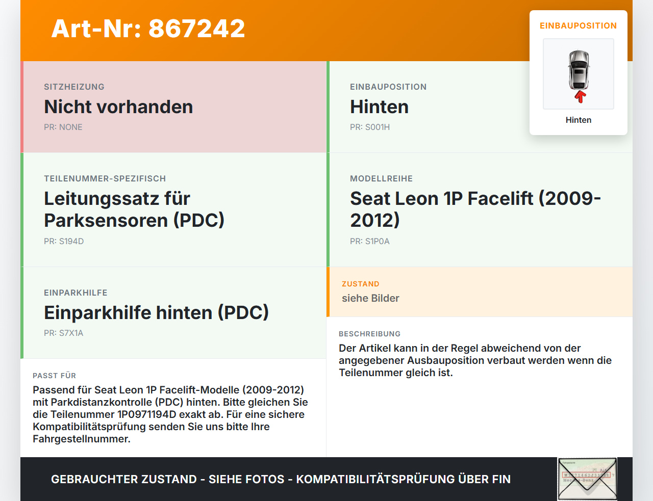 Seat Leon 1P II 09-12 PDC Kabelbaum Hinten Seat Leon 1P II 09-12 28.03.2012 1P0971194D 4F0973703 gebraucht Vorschau 3