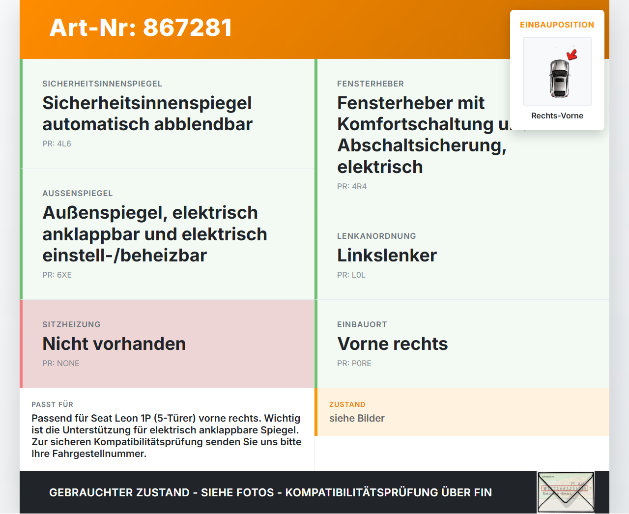 Seat Leon 1P II 09-12 5T Fensterhebermotor mit Fensterheber Rechts Vorne Seat Leon 1P II 09-12 28.03.2012 3C8959702... Vorschau 3