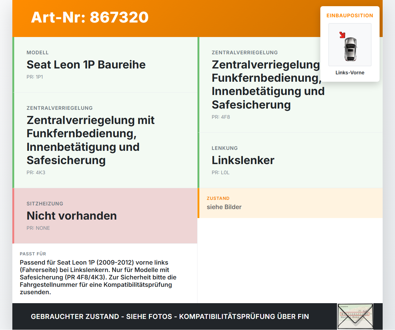 Seat Leon 1P II 09-12 5T Türschloss mit ZV Stellmotor Links Vorne Seat Leon 1P II 09-12 28.03.2012 1P1837015... Vorschau 3
