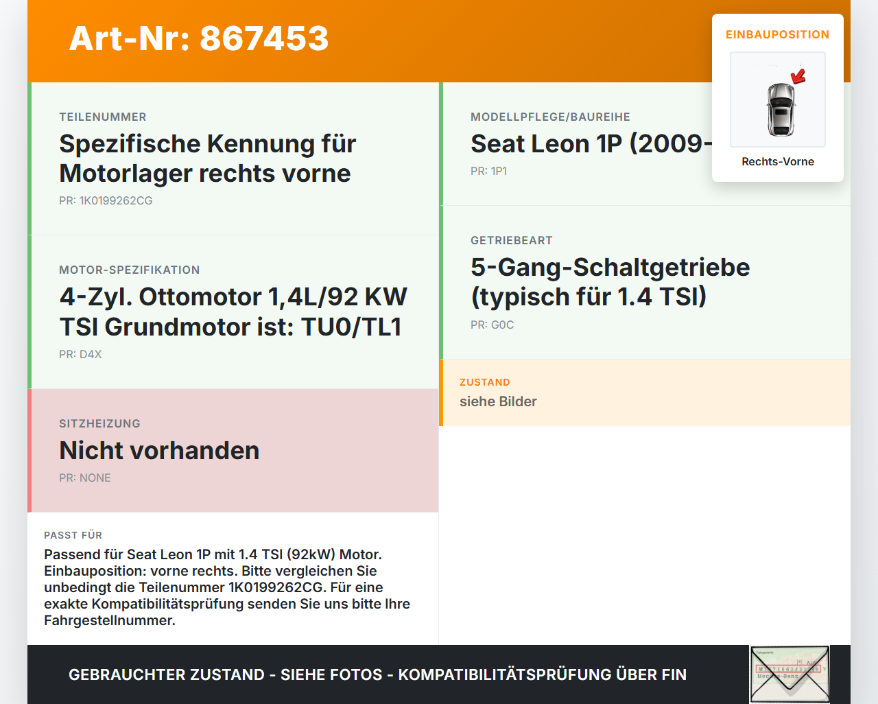 Seat Leon 1P II 09-12 TSI 1,4 92KW Motorlager Motorhalter Rechts Vorne Seat Leon 1P II 09-12 28.03.2012 1K0199262CG... Vorschau 3