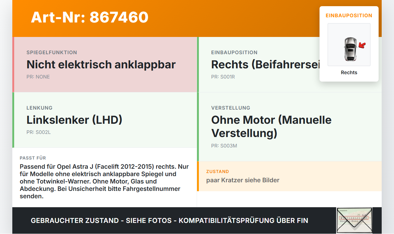 Opel Astra J P10 12-15 Spiegel Aussenspiegel Rechts GAR Opel Astra J P10 12-15 14.01.2014 13308360 gebraucht Vorschau 3