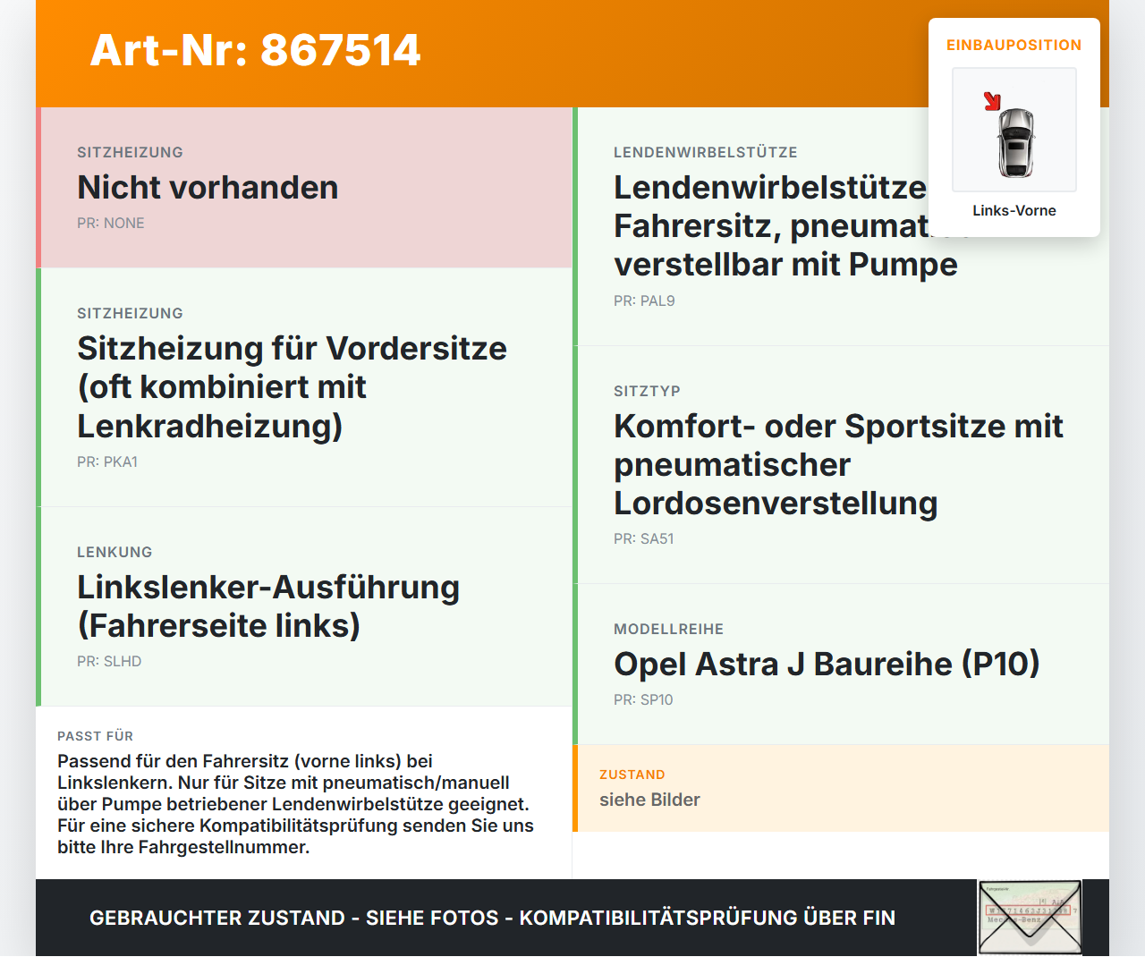 Opel Astra J P10 12-15 Lordosenkissen mit Ventil für Fahrer Sitz Links Vorne Opel Astra J P10 12-15 14.01.2014... Vorschau 3