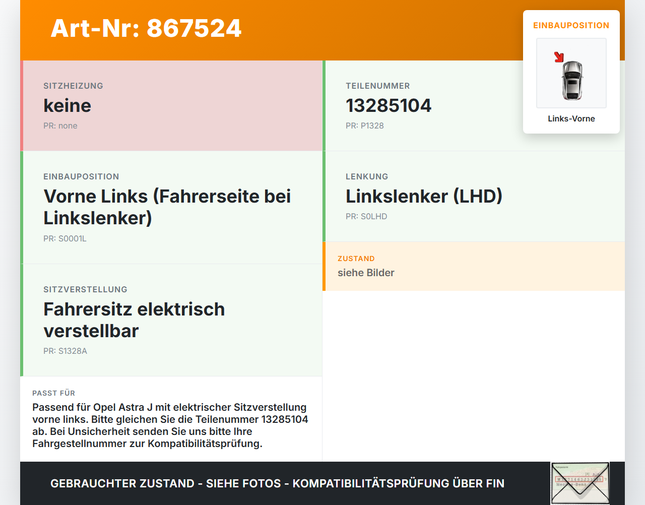 Opel Astra J P10 12-15 Sitzverstellung Schalter Links Vorne Opel Astra J P10 12-15 14.01.2014 13285104 gebraucht Vorschau 3