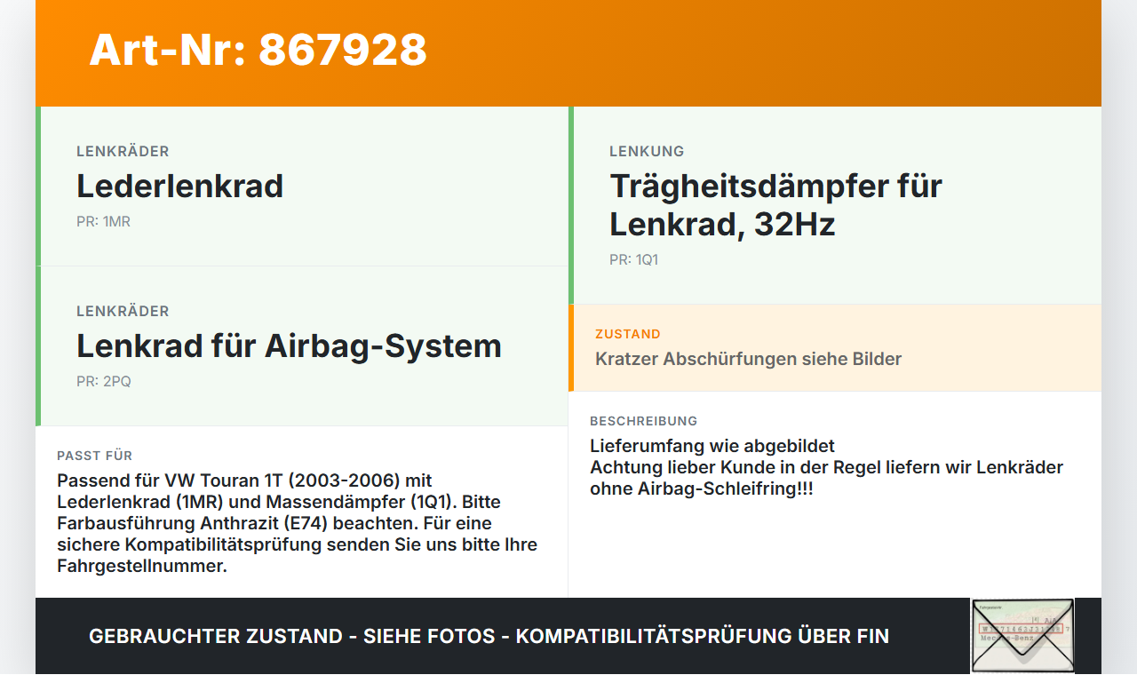 VW Touran 1T 03-06 Lenkrad Airbaglenkrad VW Touran 1T 03-06 07.10.2005 1T0880201D 1T0880201 1T0419091B... Vorschau 3