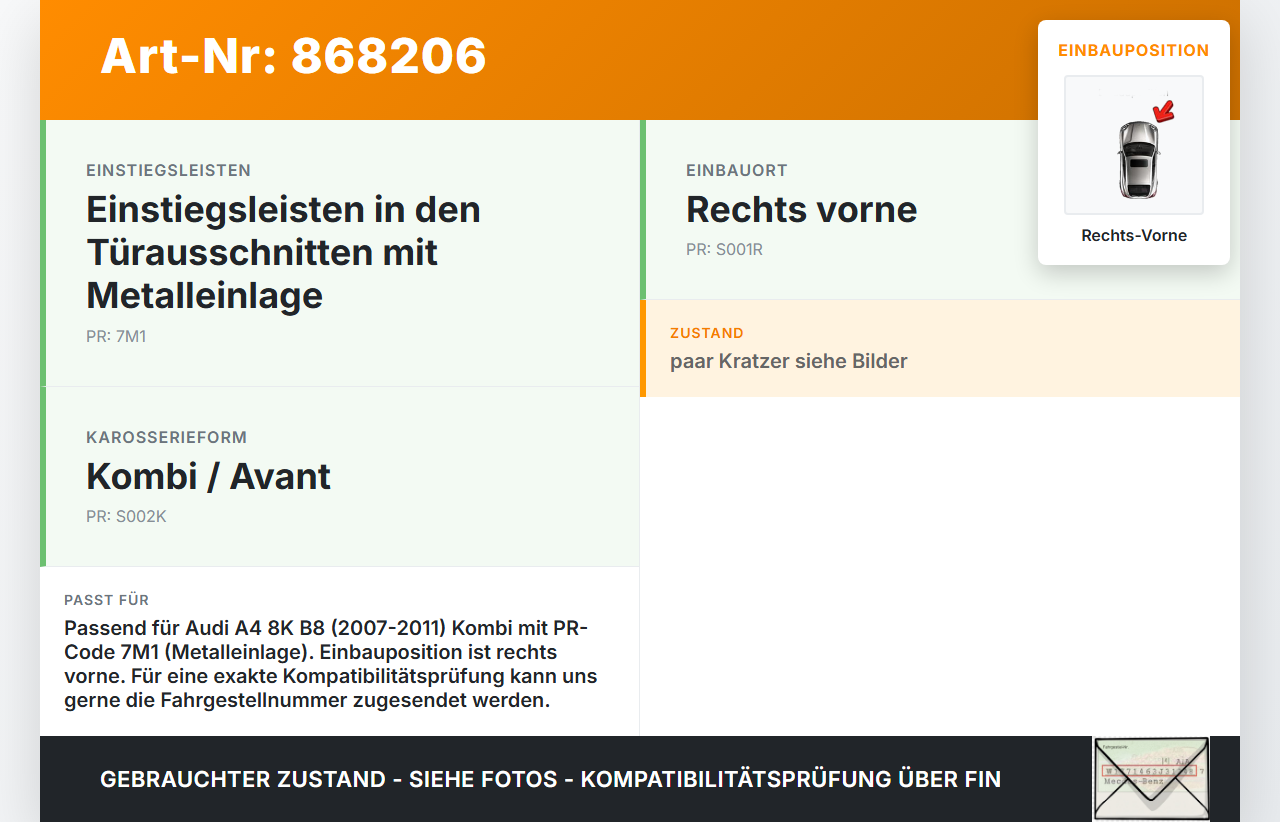 Audi A4 8K B8 07-11 Kombi Einstiegsleiste Rechts Vorne Audi A4 8K B8 07-11 30.12.2011 8K0853374 gebraucht Vorschau 3