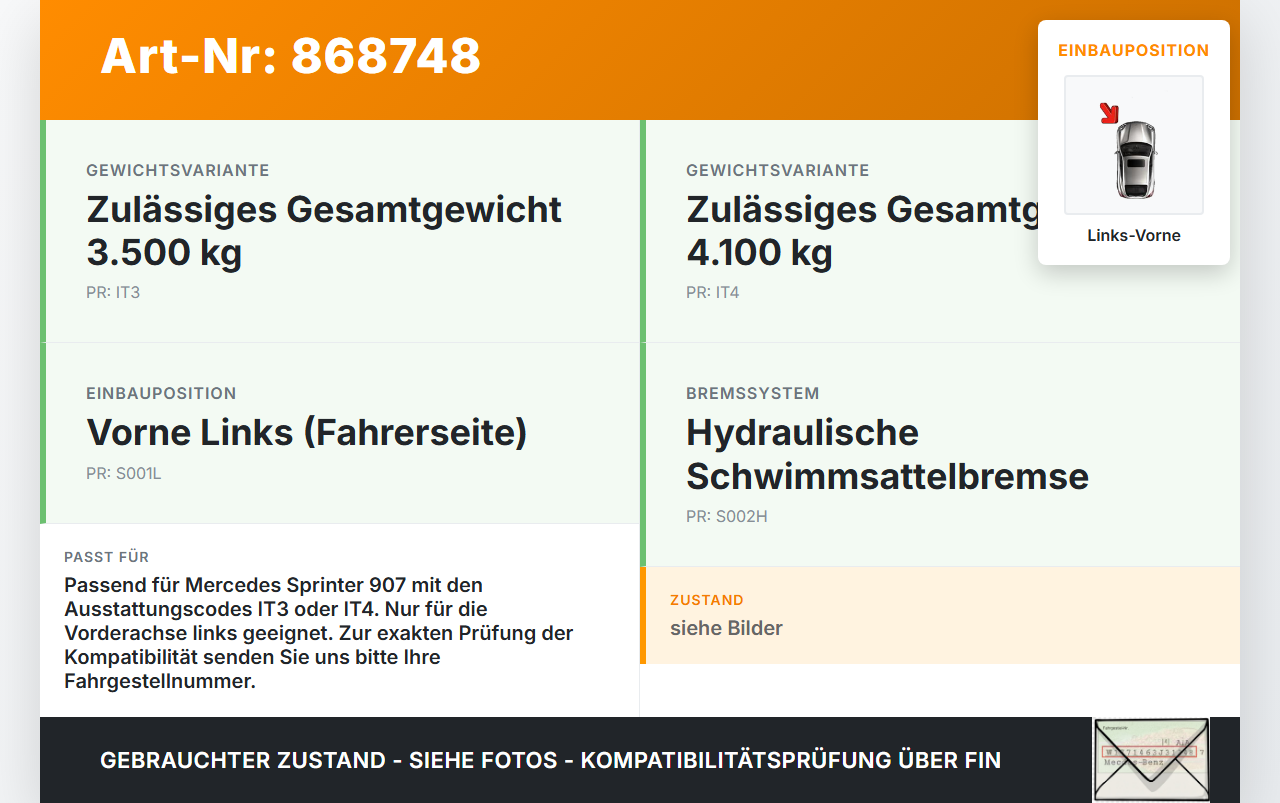 Mercedes Sprinter III 907  CDI 2,1 120KW Bremssattel Bremszange Vorne Links Mercedes Sprinter III 907 26.08.2019... Vorschau 3