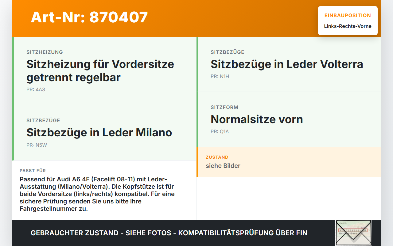 Audi A6 4F C6 08-11 Kopfstütze für Fahrer Sitz Rechts oder Links Vorne Audi A6 4F C6 08-11 06.12.2010 4F0881901BB... Vorschau 3