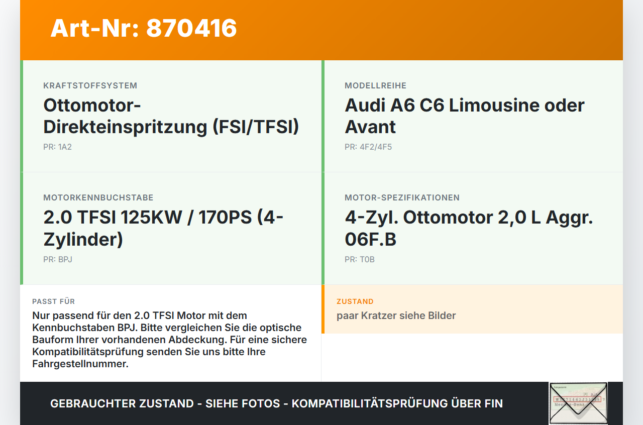 Audi A6 4F C6 08-11 TFSI 2,0 125KW BPJ Abdeckung für Motor Deckel Motorabdeckung Audi A6 4F C6 08-11 06.12.2010... Vorschau 3
