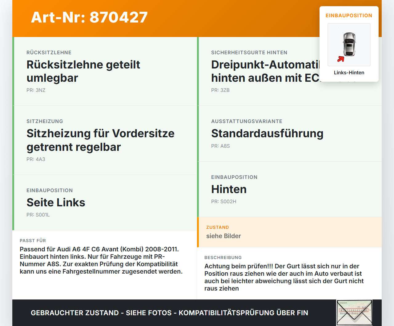 Audi A6 4F C6 08-11 Kombi Gurt Sicherheitsgurt Links Hinten Audi A6 4F C6 08-11 06.12.2010 4F0857805E 605827100... Vorschau 3