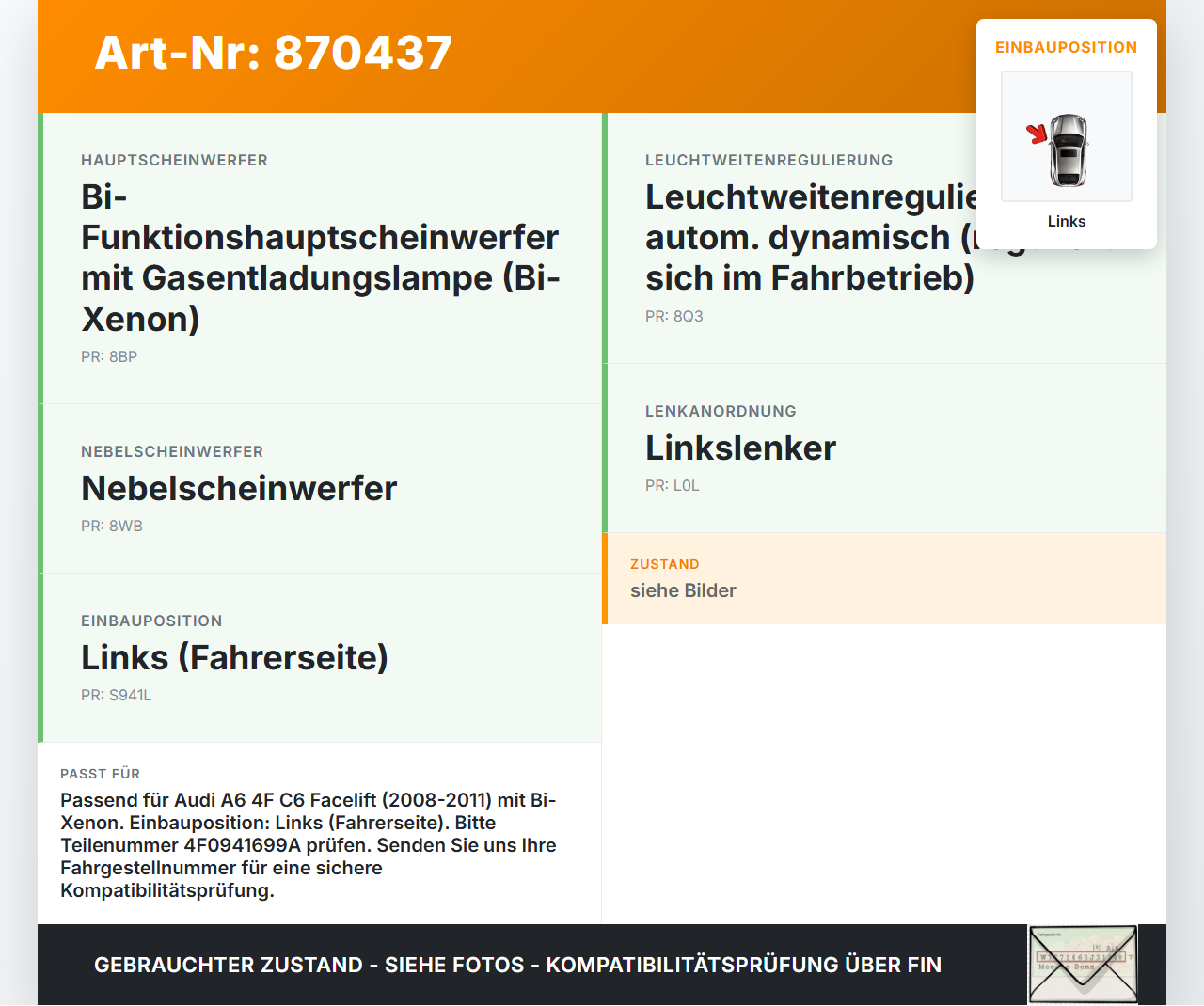 Audi A6 4F C6 08-11 Nebelscheinwerfer Links orig. Audi A6 4F C6 08-11 06.12.2010 4F0941699A gebraucht Vorschau 3