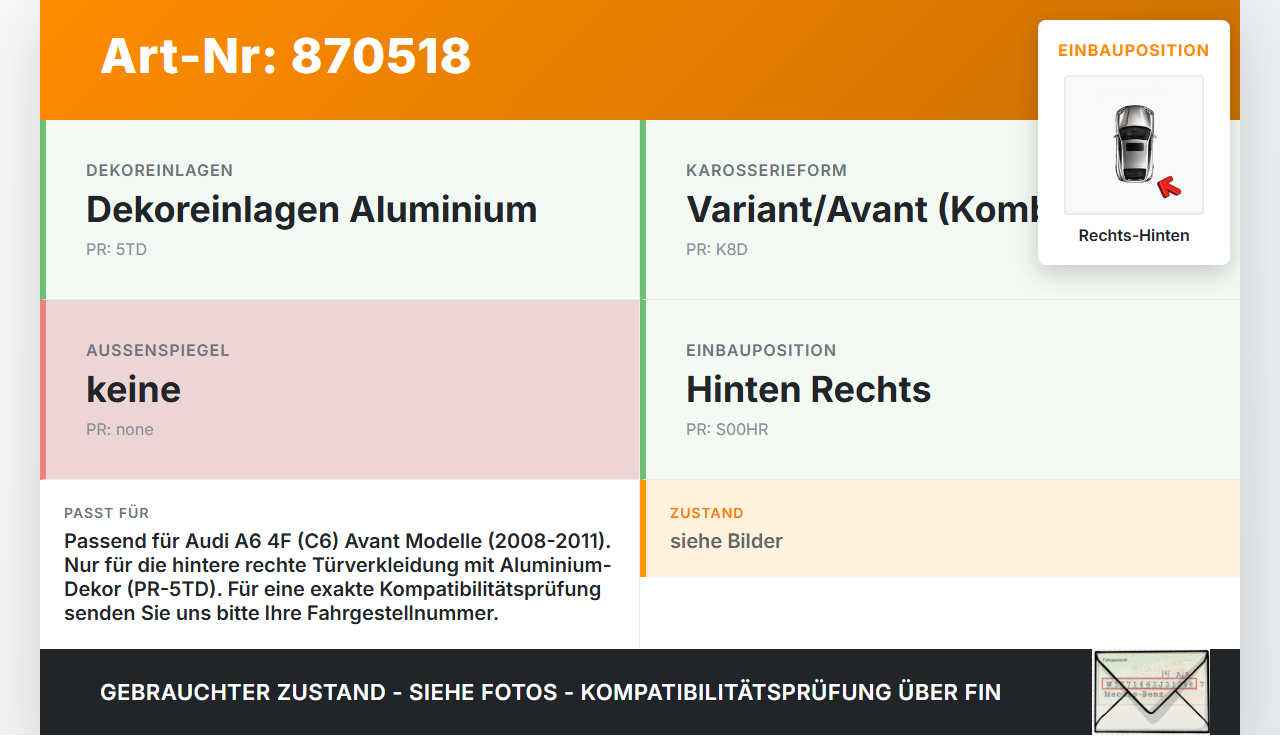 Audi A6 4F C6 08-11 Kombi Türleiste Innen Rechts Hinten LX7W Audi A6 4F C6 08-11 06.12.2010 4F0867420G 4F0867420... Vorschau 3