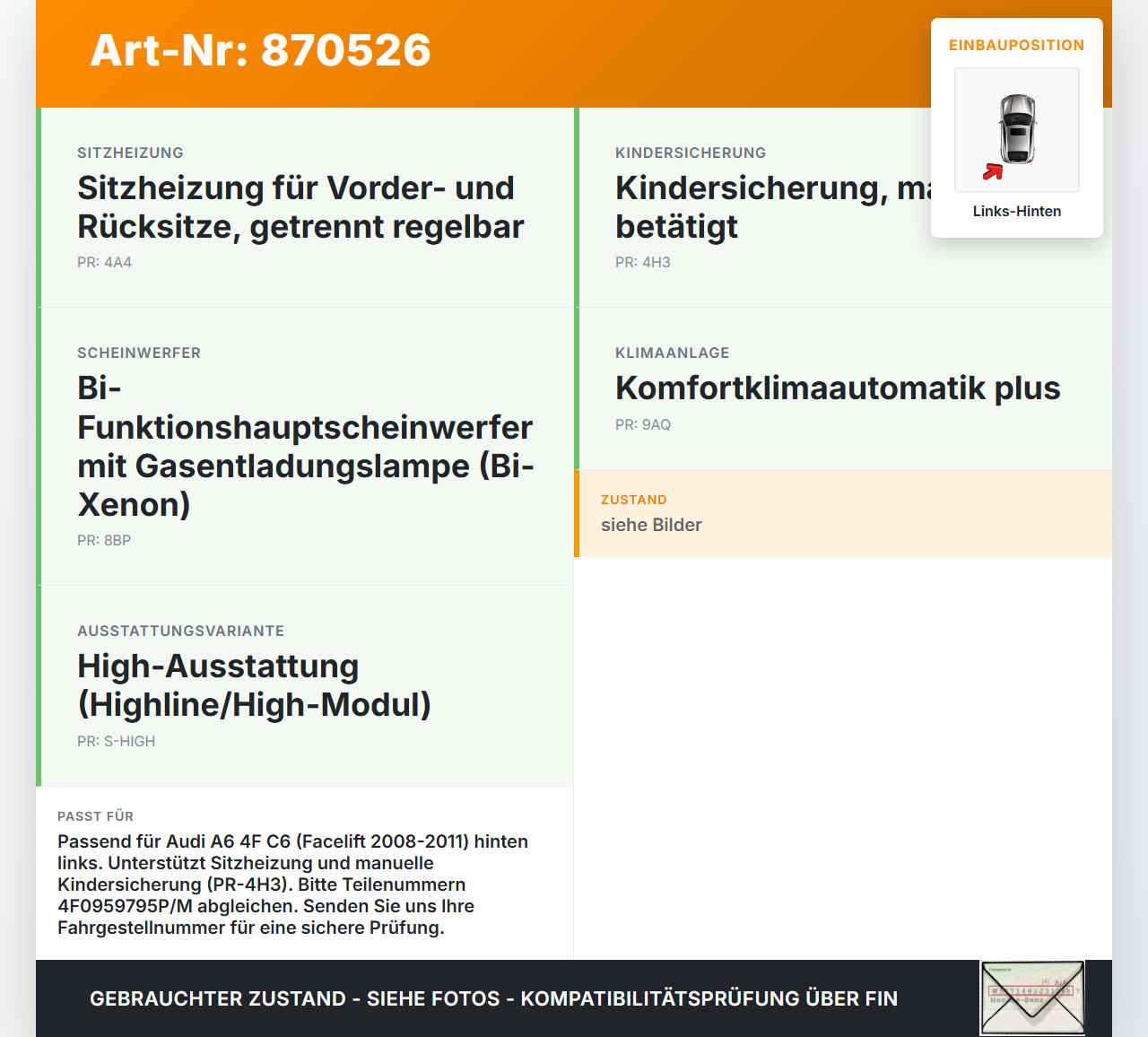 Audi A6 4F C6 08-11 Steuergerät Sitzmodul Links Hinten Audi A6 4F C6 08-11 06.12.2010 4F0959795P gebraucht Vorschau 3