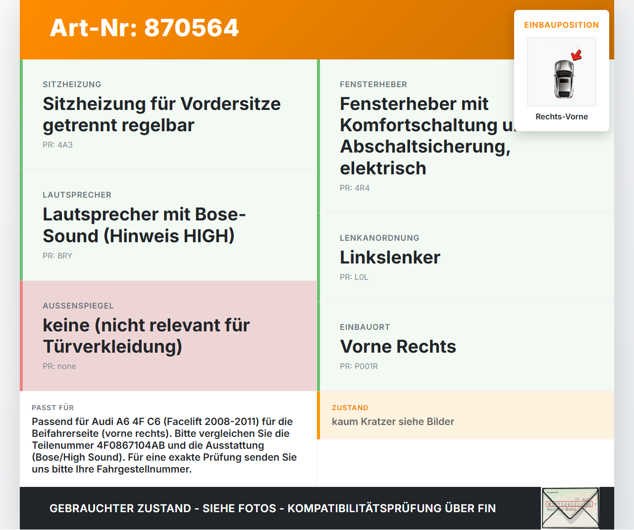 Audi A6 4F C6 08-11 Kombi Türverkleidung Türpappe Rechts Vorne Audi A6 4F C6 08-11 06.12.2010 4F0867104AB gebraucht Vorschau 3