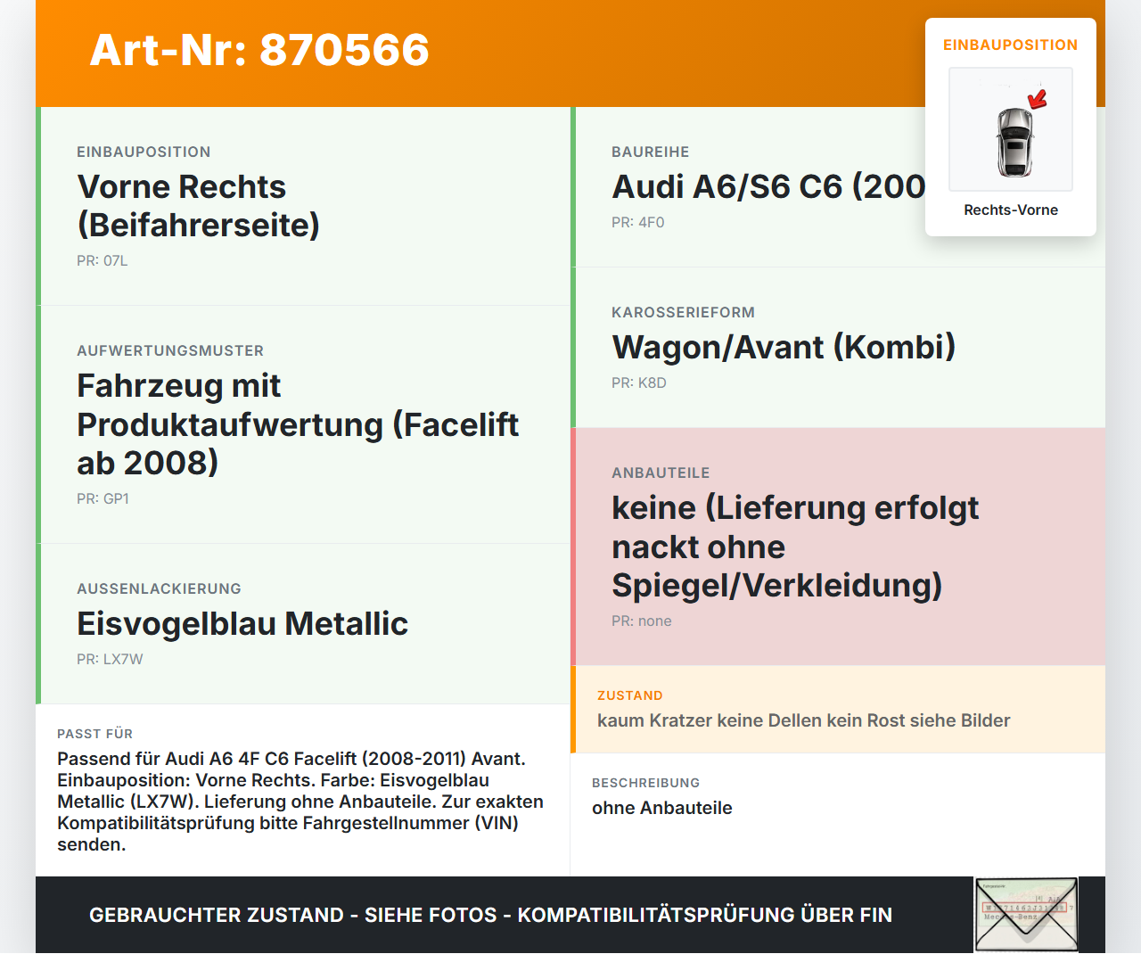Audi A6 4F C6 08-11 Kombi Tür Beifahrertür Rechts Vorne LX7W Audi A6 4F C6 08-11 06.12.2010 4F0831052F gebraucht Vorschau 3