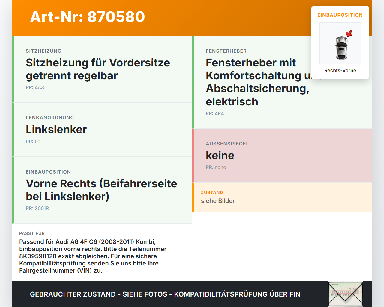 Audi A6 4F C6 08-11 Kombi Fensterhebermotor Rechts Vorne Audi A6 4F C6 08-11 06.12.2010 8K0959812B 965575-200... Vorschau 3