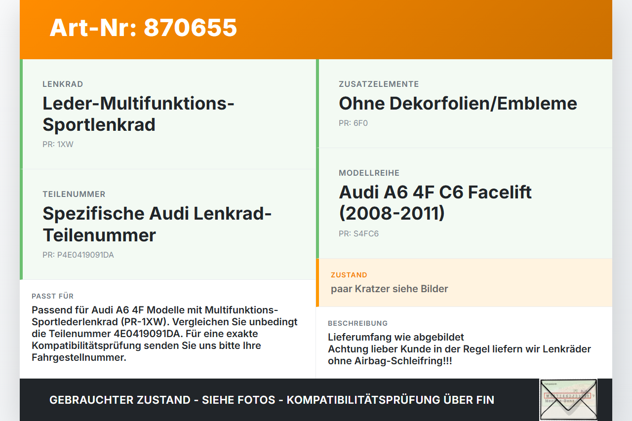 Audi A6 4F C6 08-11 Lenkrad ohne Airbag Audi A6 4F C6 08-11 06.12.2010 4E0419091DA 62292150A gebraucht Vorschau 3